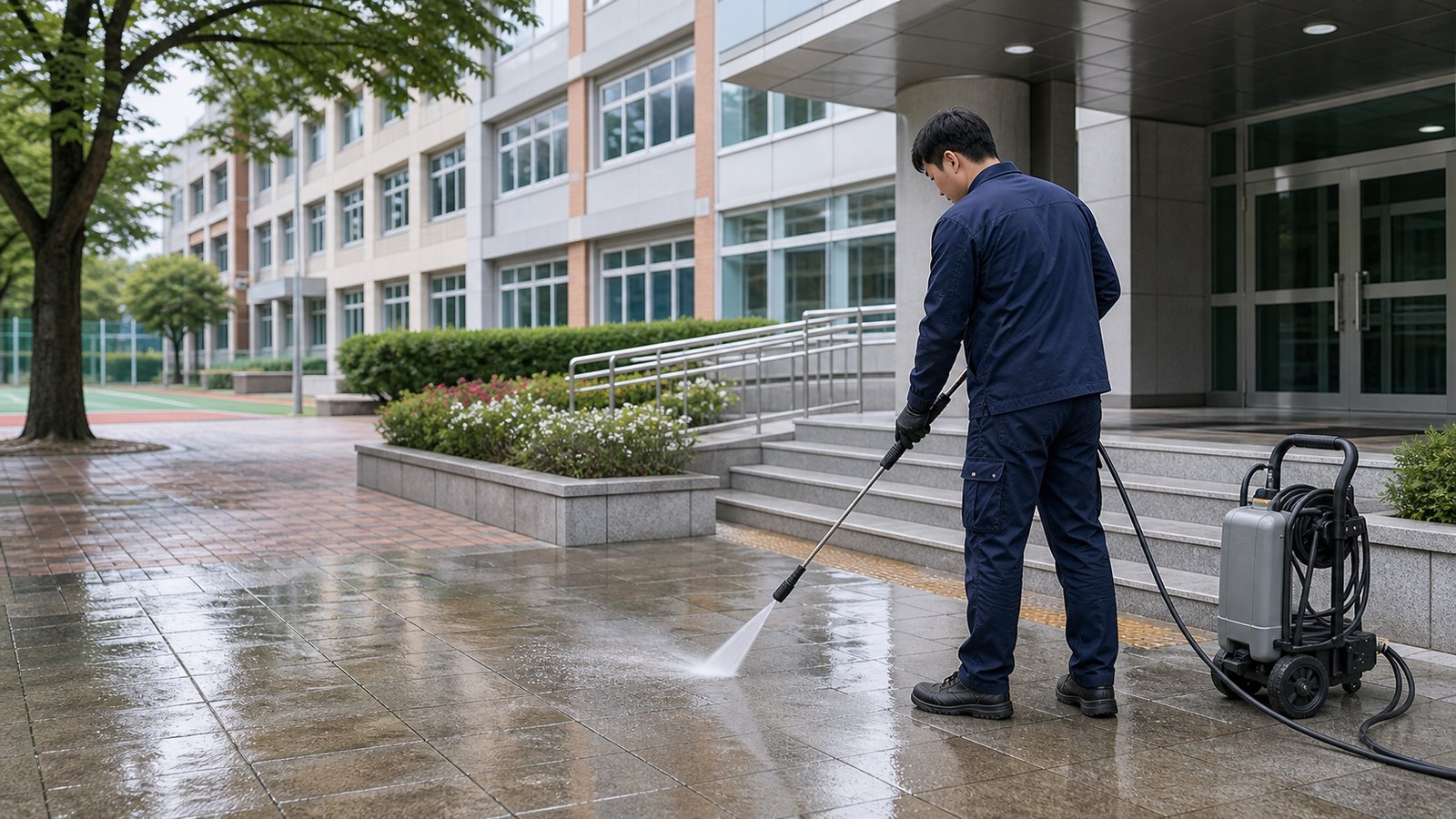 학교 외부 환경 청소 작업 이미지